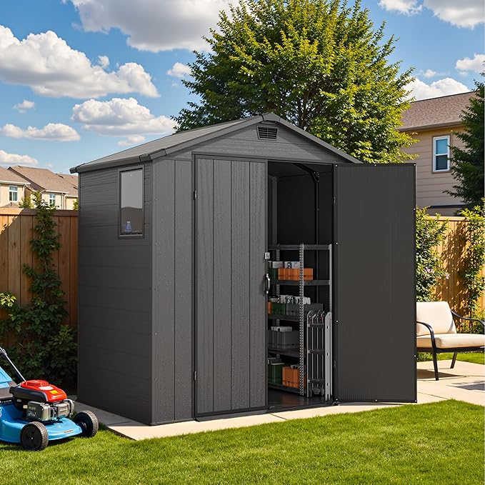 Devoko 6x4 FT Plastic Outdoor Storage Shed - Lockable Resin Tool Shed with Window & Floor - Easy Assembly for Garden, Backyard, Dark Gray