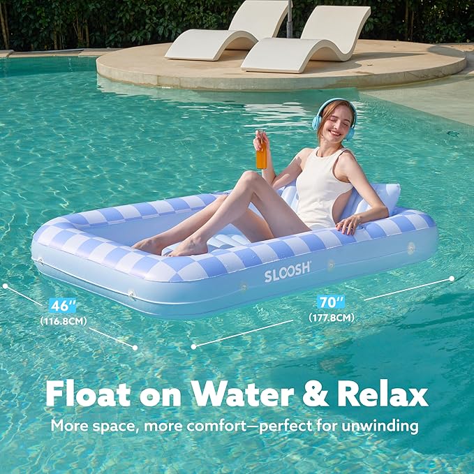 SLOOSH Inflatable Tanning Pool Lounger Float, 70" x 46" Pool Floats Adult with Pillow, 4 in 1 Suntan Tub Raft Floatie,Sunbathing Bed Lounge for Water Blow Up Ball Pit Party Gifts