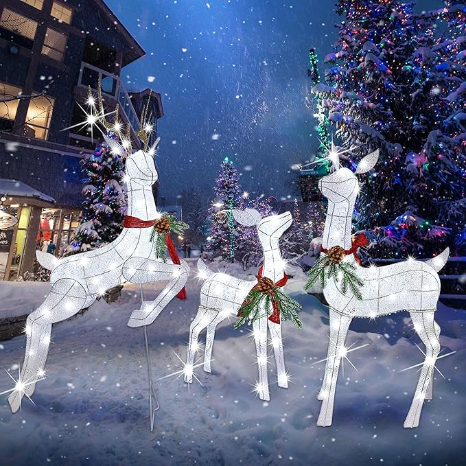 Lulu Home Set of 3 Pre-lit White Reindeer with 255 LEDs Clear White Lights, 3D Light Up Glittered Standing Reindeer Family for Xmas Lighted Holiday Display Indoor Outdoor