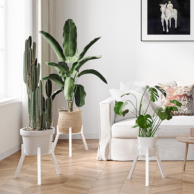 Adjustable Plant Stands Set of 2, Metal Modern Small Plant Holder, Heavy Duty Stable Flower Holder Stand Rack for 10-16 Inch Indoor Outdoor Corner Living Room Balcony Office White PS-007WH-2