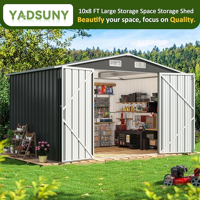 10x8 FT Outdoor Storage Shed, Metal Garden Tool Shed with Updated Frame Structure and Lockable Doors, Ideal for Backyard Garden Patio Lawn, Grey