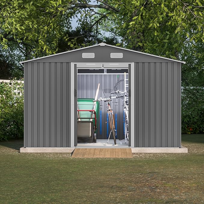 8×10 Ft Metal Outdoor Storage Shed with Floor Base and Sliding Door, 0.25mm Galvanized Steel Metal Garden Tool Shed Waterproof Backyard, Patio, Garden, Dark Grey