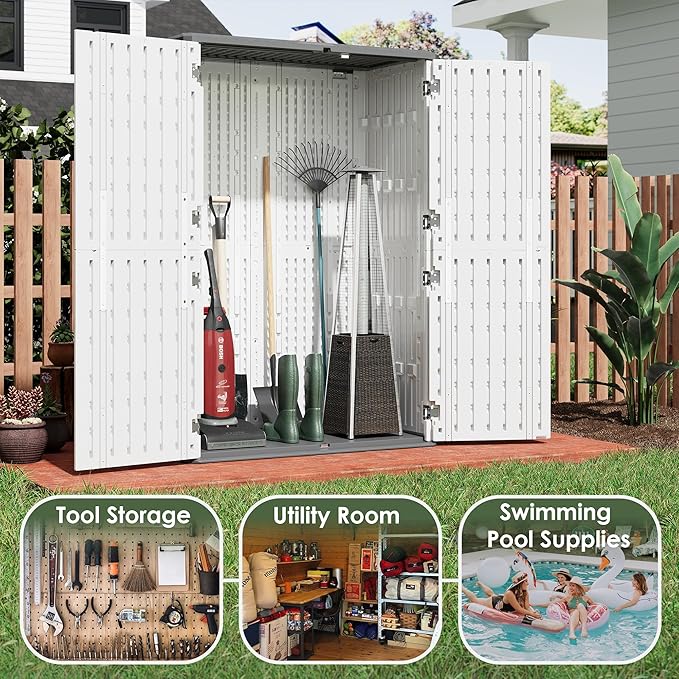 KAMABOKO Outdoor Storage Cabinet 55 Cu.Ft Outdoor Trash Can Storage Shed Waterproof Horizontal Storage Shed Outdoor Storage for Backyard, Patio, Poolside (White)