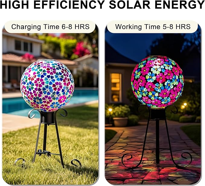VOREEN Mosaic Solar Glass Gazing Ball, 10" Outdoor Multicolor Gazing Globe, Handmade IP44 Waterproof Garden Decor Sphere for Patio Lawn Yard, Gift for Mom Wife Friend, Heart Flower Design