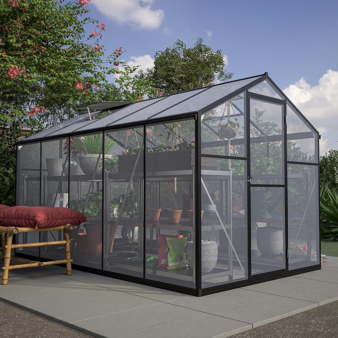 KEIKI 6 x 10 FT Greenhouse for Outdoors, Heavy Duty Polycarbonate Large Walk-in Greenhouse with Double Doors and Two Ventilation Windows for Outside Green House Garden Backyard