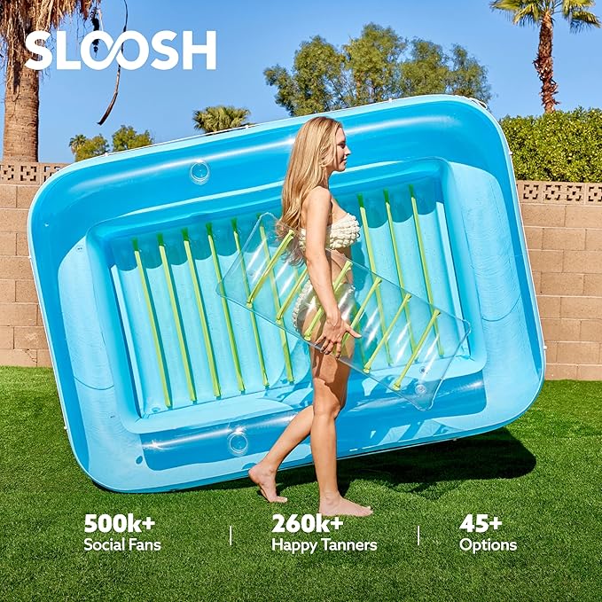 SLOOSH Inflatable Tanning Pool Lounger Float, 85" x 57" Extra Large Pool Floats Adult with Pillow, 4 in 1 Suntan Tub Raft Floatie,Sunbathing Bed Lounge for Water Blow Up Ball Pit, XL-Blue Green