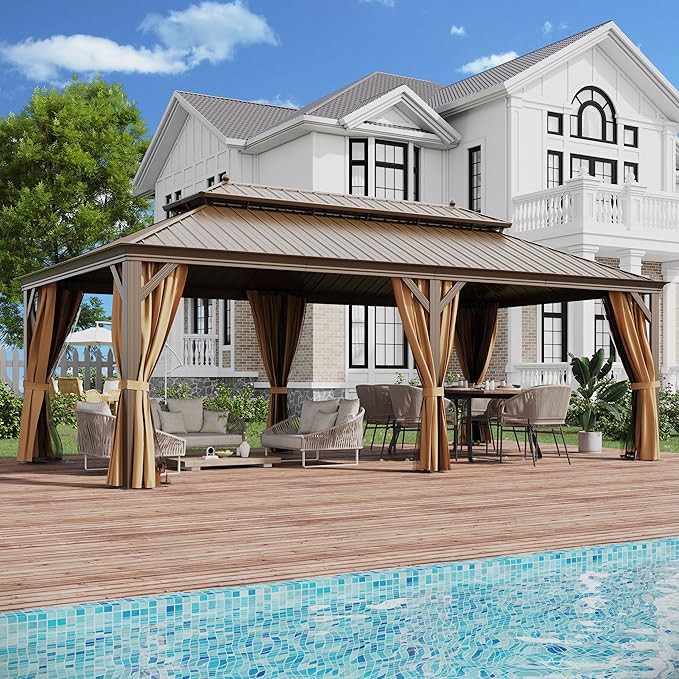 12'x22' Hardtop Gazebo Outdoor Aluminum Patio Gazebo Double Roof Galvanized Steel Canopy with Netting and Curtains,for Garden, Backyard,Deck and Lawns