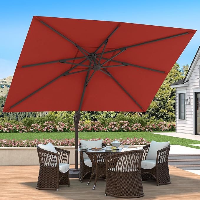 9' X 12' Cantilever Patio Umbrella with Base Included 360°Rotation Rectangular Outdoor Large Offset Umbrellas Heavy Duty Windproof for Garden Deck Pool, Red