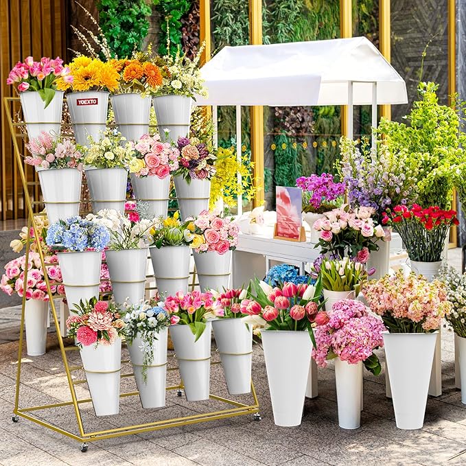 Flower Display Stand with Buckets, 4 Layers 16 PCS Buckets Plant Stand with Wheels, Movable Metal Plant Stand for Terrace Garden, Living Room, Florist Shop (Gold Frame - White Buckets, 4-Tier- 16 Buckets)