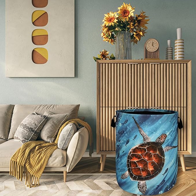 Sea Turtle Laundry Basket Foldable With Handles Watercolor Turtles Tote Bag Oxford Cloth Colorful Animal Laundry Hamper Clothes Toy Storage Bucket For Bathroom/Laundry/Bedroom 18.9"x 16.5 "