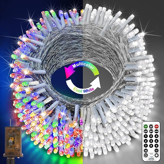 KNONEW 403ft 1000 LED Christmas String Lights Outdoor Color Changing 11 Modes Timer Fairy Light Plug in Waterproof Lights for Xmas Tree Yard Wedding Decorations (Cool White to Multicolor)
