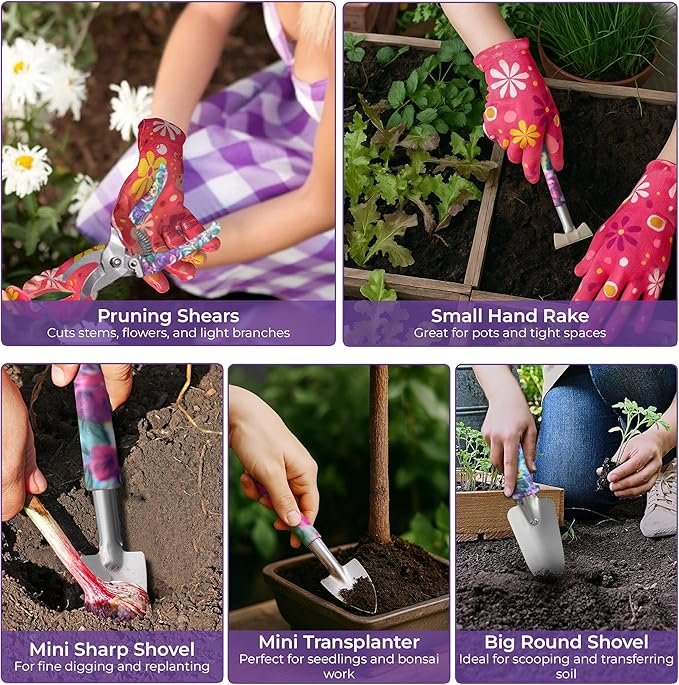 12-Piece Gardening Tools Set – Rust-Resistant Stainless Steel Hand Tools with Ergonomic Floral Handles & Carry Case, Includes Folding Shovel & Gloves – Perfect Gardening Kit for Women & Beginners