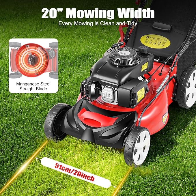 Self-Propelled Gas Lawn Mower, 140CC 4-Stroke 5HP Lawn Mower 3-in-1 Push Mower with 60L/15.9Gal Grass Catch Bag, Steel Grass Catcher for Yard & Garden, 8 Gears Mowing Height Adjustment, 2800Rpm