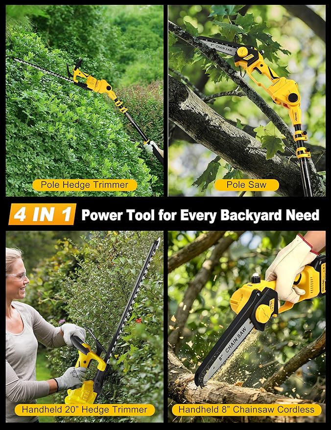 8" Pole Saw Cordless + 20" Pole Hedge Trimmer 4-in-1, Electric Mini Chainsaw/Hedge Trimmer with Extension Pole, 15Ft Max Reach for Tree Trimming and Shrubs Pruning, 2×3.0Ah Battery