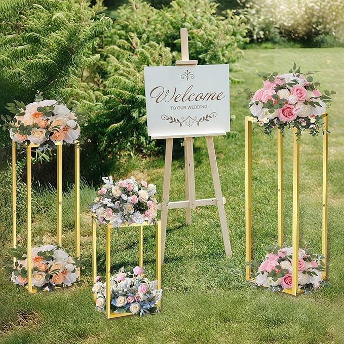 Cylinder Pedestal Stands for Party & Plant,3pcs Square Gold Metal Wedding Flower Display Stand for Centerpieces,15.7/23.6/31.5 inch Tall
