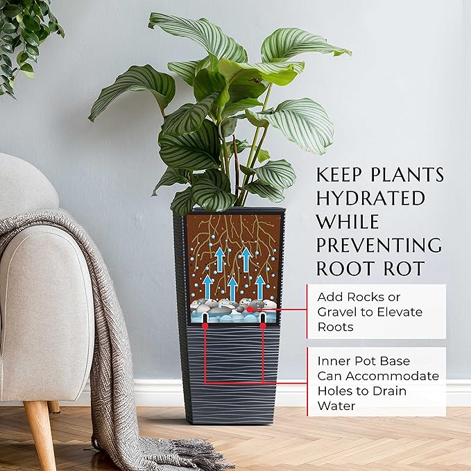 Mueller M-Resin Heavy Duty Tall Planter, Indoor/Outdoor Grande Plant, Tree, Flower Pot, 2-Piece Set, 24”, Modern Design, Built-in Drainage, Dark Gray