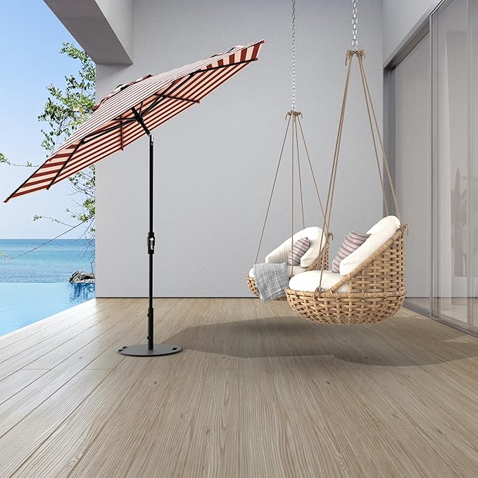Midtown Umbrellas The Swilt 8 Feet Patio Umbrella in Terylast Red Stripes (Red/White) Polyester Fabric - Fiberglass Ribs, Auto-Tilt Aluminum Frame For Backyard, Deck, Garden, Pool - White Pole