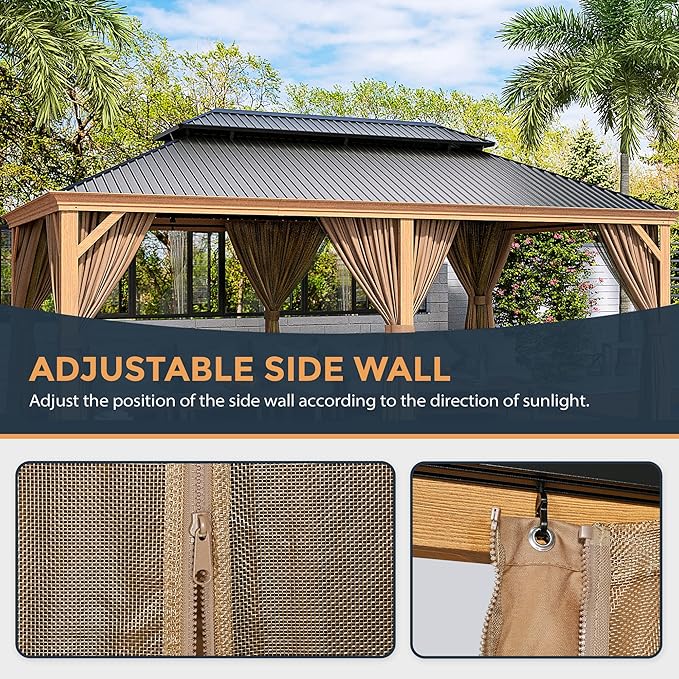 HAPPATIO 12' x 20' Hardtop Gazebo, Outdoor Wood Grain Aluminum with Galvanized Steel, Patio Double Roof Permanent Metal Gazebo Canopy with Netting and Curtains for Backyard, Patio, Deck (Brown)