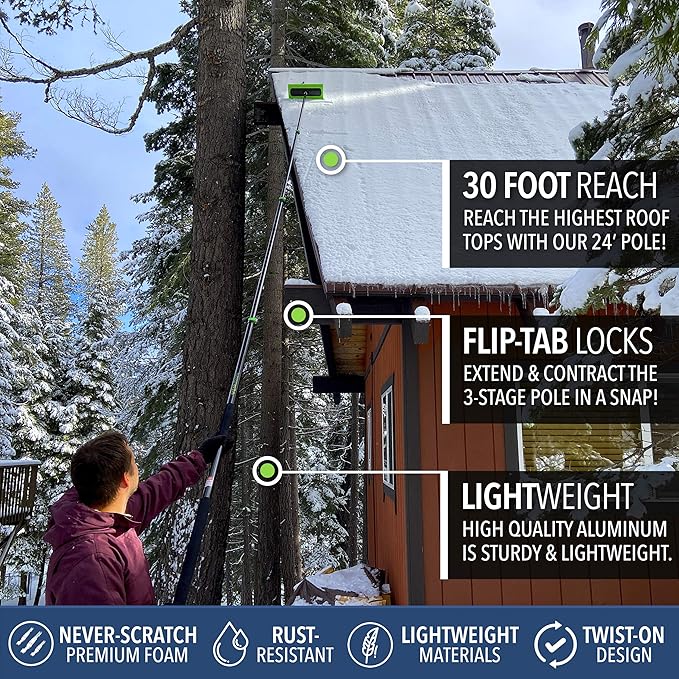 EVERSPROUT Never-Scratch SnowBuster and Ice Scraper 7-to-24 Foot (Up to 30 Ft Standing Reach) | Pre Assembled Extendable Roof Rake for Snow Removal | Heavy-Duty Aluminum, Soft Foam Pad
