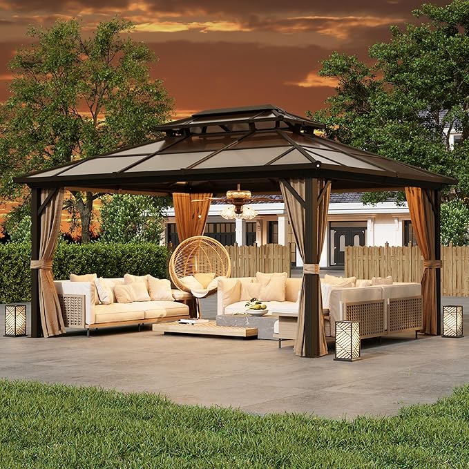 MELLCOM 12x16ft Outdoor Polycarbonate Double Hardtop Roof Gazebo, Aluminum Furniture Gazebo Canopy with Netting and Curtains for Garden, Patio, Lawns, Party and Deck