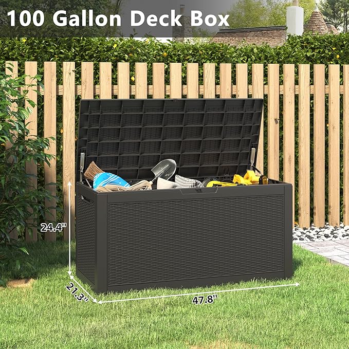 100 Gallon Deck Box Large Outdoor Storage Boxfor Patio Furniture,Outdoor Cushions, Garden Tools, Sports Equipment and Pool Supplies, Waterproof, Resin, Lockable