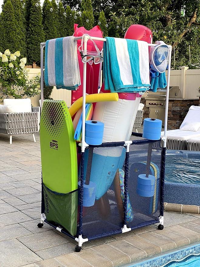Essentially Yours Pool Equipment Holder with Towel Drying Bars, Mesh Rolling Pool Storage Organizer Bin, Extra Large with Towel Hanger, (34.5" W x 25" L x 62.6" H), Blue/White Style 418566