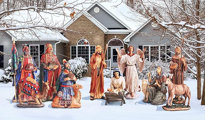 Complete 12pc Outdoor Nativity Set 51" Tall - Lifelike High Res, Sturdy 22 Gauge Flat Metal, Strong Windguard Bracing. Includes Baby Jesus, Joseph, Mary, Shepherds, Wisemen, Animals