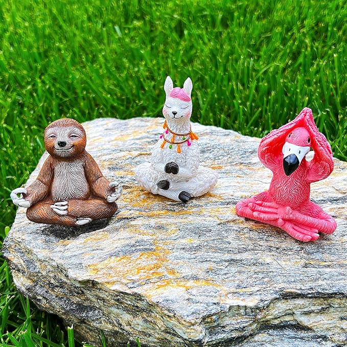 Mood Lab Miniature Yoga Figurines Set - Funny Mini Statue Kit of 3 pcs - Flamingo, Lama & Sloth in Meditation Pose - Fairy Garden Decor