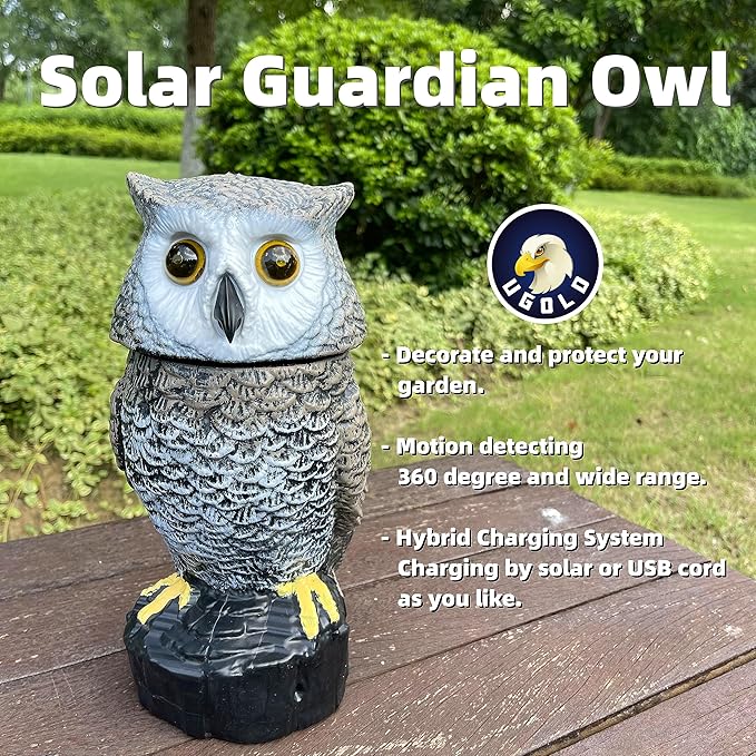Solar Powered Garden Owl with Motion Detection, Rotating Head, Realistic Hoots and Silent Mode, Outdoor Statue and Sculpture, Owl Decoration for Home, Garden, Patio and Lawn