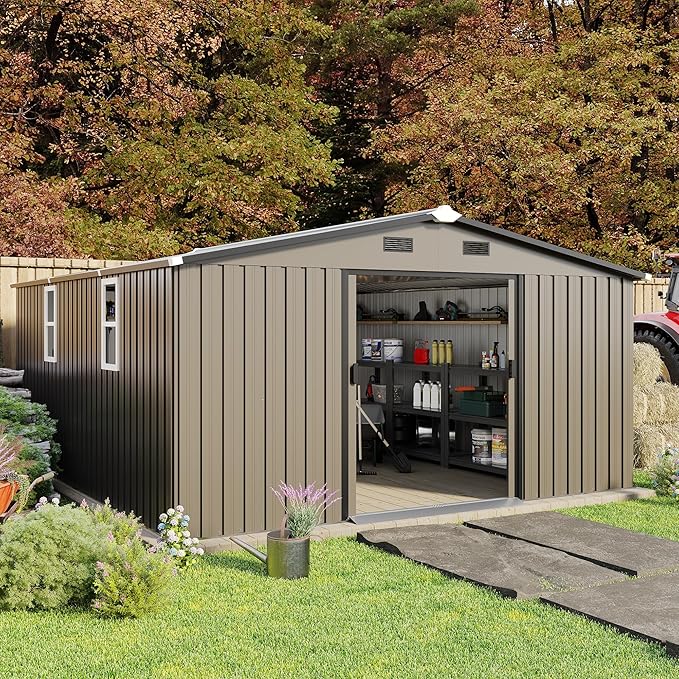 10×12 Ft Metal Shed Outdoor Storage with Two Daylight Windows, 0.25mm Galvanized Steel Metal Garden Shed Waterproof with Lockable Door for Backyard, Patio, Garden，Brown