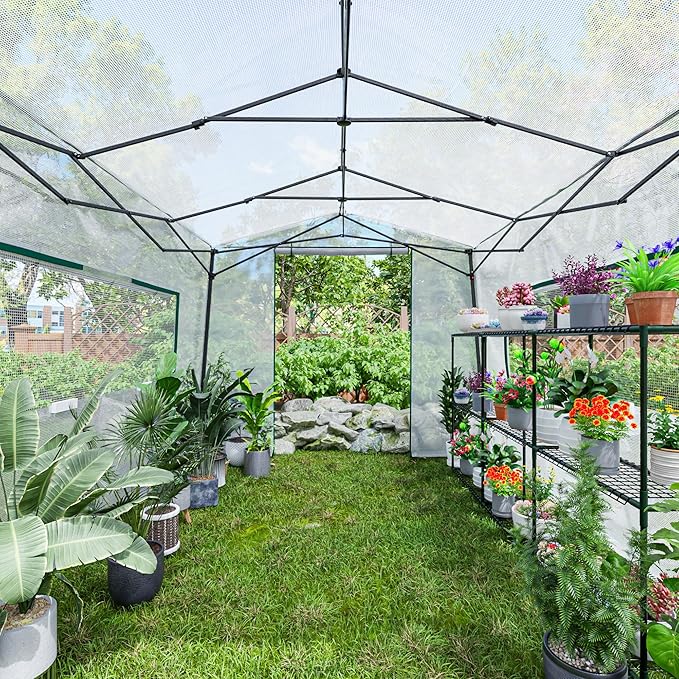 Joyside 12 x 8 FT Outdoor Pop up Greenhouse with Adjutable Reinforced Frame, Durable PE Cover and Mesh Windows, Portable Greenhouse for All Seasons, Easy Set Up (White, 12 x 8 FT)