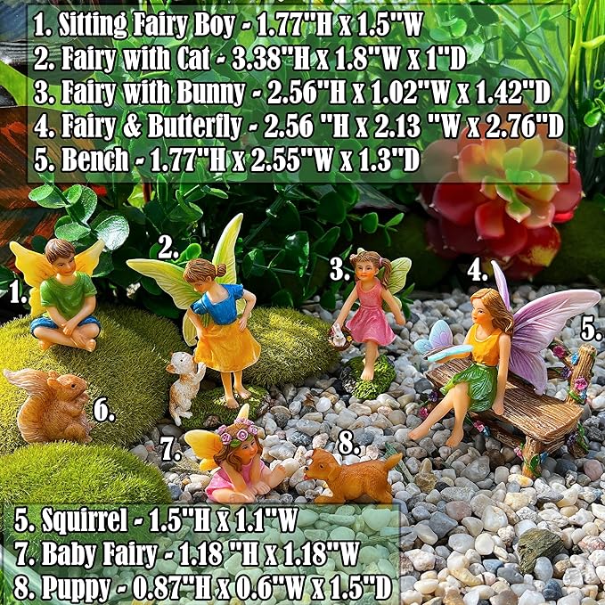 Mood Lab Fairy Garden - Miniature Fairies Figurines with Animals - Statues & Accessories Decor Set of 8 pcs