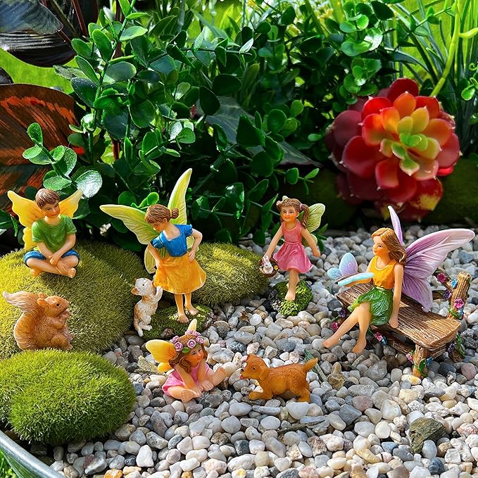 Mood Lab Fairy Garden - Miniature Fairies Figurines with Animals - Statues & Accessories Decor Set of 8 pcs