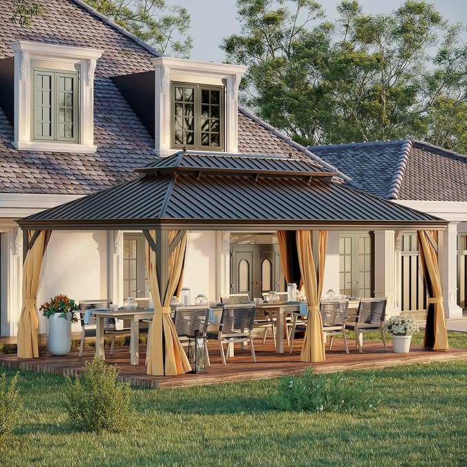 12' X 18' Hardtop Gazebo, Aluminum Wood-Looking Frame Outdoor Permanent Galvanized Steel Double Roof Pavilion Pergola Canopy with Privacy Curtains for Garden, Patio, Backyard, Deck and Lawns.