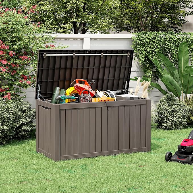 Outdoor Storage Box, Resin Deck Boxes Indoor and outdoor, Waterproof Storage Box Lockable Lid (Grey, 150 Gallon)
