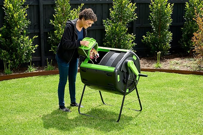 Maze 48 Gallon Outdoor Compost Bin Tumbler for Food Waste - Outdoor Compost Bin for Kitchen Garden & Homestead Heavy Duty Dual Chamber Waste Recycling Machine