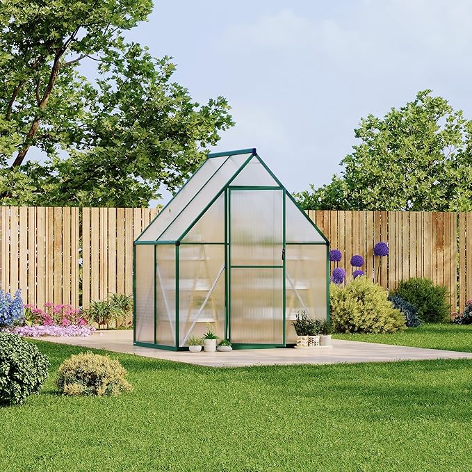 6X4 ft Polycarbonate Greenhouse with Aluminum Frame, Polycarbonate Greenhouse for Outdoors, Greenhouses with Ventilation, Aluminum Large Walk-in Greenhouses for Outside