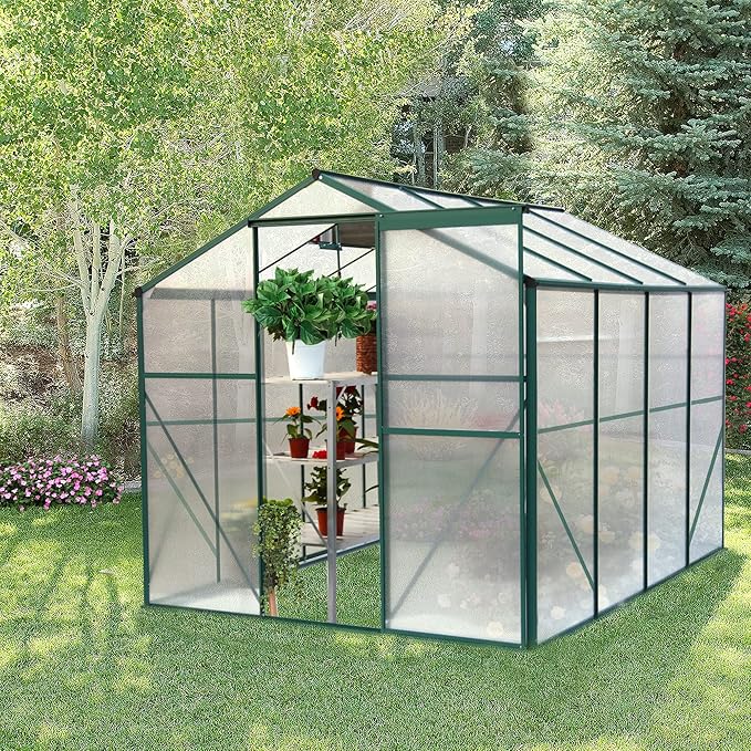 6x8 FT Greenhouses for Outdoor,Heavy Duty Polycarbonate Greenhouse, Walk-in Garden Green House with Base and Ventilation Window for Outside, Backyard,Green