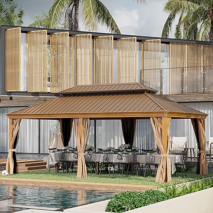 12' X 20' Hardtop Gazebo, Aluminum Wood-Looking Frame Outdoor Permanent Galvanized Steel Double Roof Pavilion Pergola Canopy with Privacy Curtains for Garden, Patio, Backyard, Deck and Lawns.