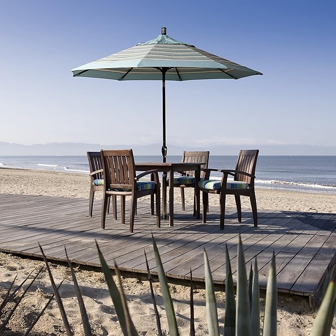 California Umbrella 9' Round Aluminum Market Umbrella, Crank Lift, Push Button Tilt, Black Pole, Sunbrella Teak