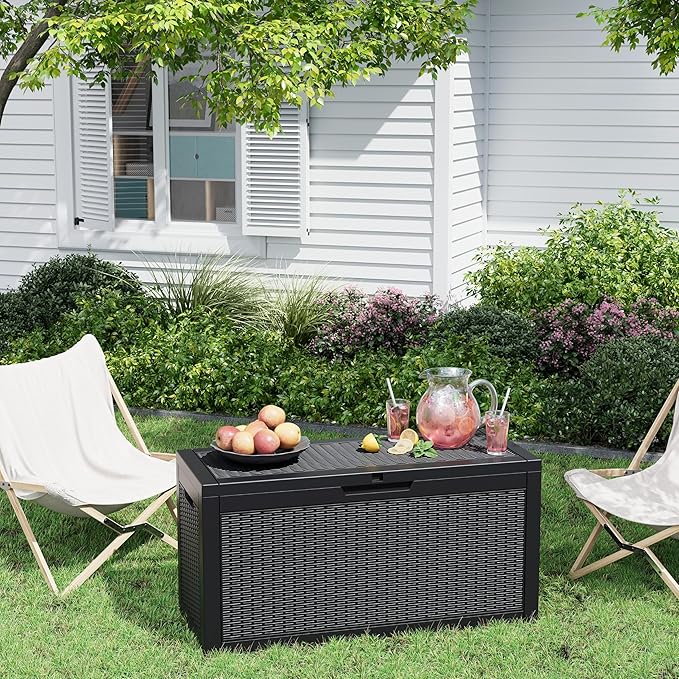 60 Gallon Outdoor Storage Box, Waterproof Resin Deck Box with Lockable Lid – Storage Cabinet for Patio Furniture, Pool Supplies, Garden Tools（Rattan,Black）