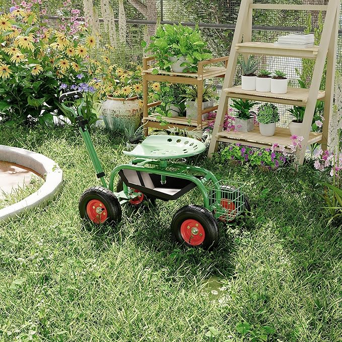 Garden Rolling Stool with Wheels – Outdoor Garden Chair for Patio and Lawn - 360° Swivel Seat Gardening Cart with Tool Tray & Steering Handle for Easy Planting and Yard Work