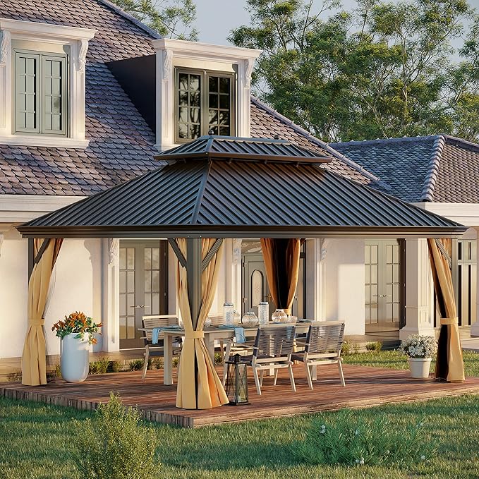 12'x16' Hardtop Gazebo, Outdoor Aluminum Patio Gazebo Double Roof Galvanized Steel Canopy with Netting and Curtains,for Garden, Patio, Backyard, Deck and Lawns.