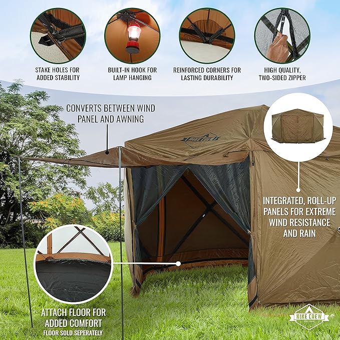 Hike Crew 13’ x 13’ Screened Roof Pop-Up Gazebo Screen Tent | 6-Sided Outdoor Canopy Shelter w/Roof Cover, Built-in Zippered Panels, Built-in Awning, Stakes, Ropes & Carry Bag | UV Resistant SPF 50+