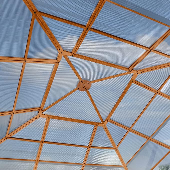 TOOLPORT Hardtop Gazebo 13x13 ft with Polycarbonate Roof - Wood-Like Finish - 4 Side Panels in Champagne