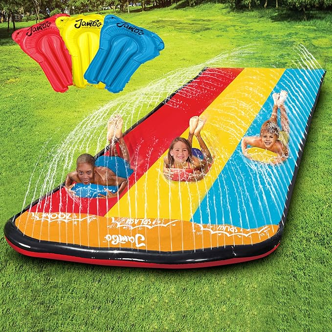 JAMBO Premium 16Ft Slip Splash and Slide and 3 Bodyboards, Heavy Duty Water Slide - 3-Way Sprinkler System, Splash Mat Pad, Backyard Outdoor Water Toys n Slides for Kids