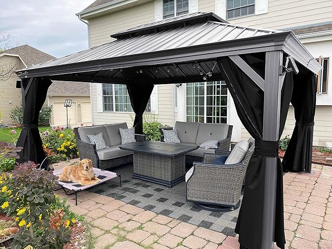 PURPLE LEAF 12' x 16' Hardtop Aluminum Gazebo with Double Metal Roof Heavy Duty Permanent Gazebo for Patio Deck Lawn Garden All Weather Outdoor Pavilion Gazebos, Light Grey