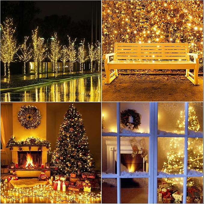 33ft Golden Christmas Decorative Mini Lights, 100 LED Transparent Wire Fairy Starry String Lights Plug in, 11 Lighting Modes, for Indoor Outdoor Xmas Tree Wedding Party Decoration (Yellow)