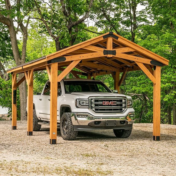 Backyard Discovery Norwood 20 ft. x 12 ft. All Cedar Wooden Carport Pavilion Gazebo with Hard Top Steel Roof Light Brown