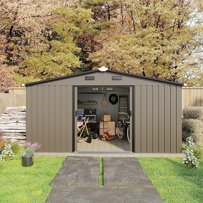 10×12 Ft Metal Shed Outdoor Storage with Two Daylight Windows, 0.25mm Galvanized Steel Metal Garden Shed Waterproof with Lockable Door for Backyard, Patio, Garden，Brown